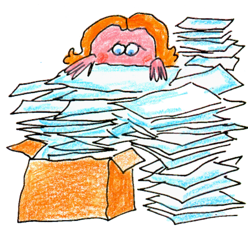 A cartoon of a person in the middle of a pile of papers.