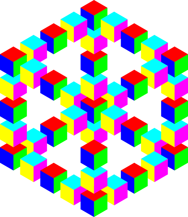 A colorful cube is arranged in the shape of an icosahedron.