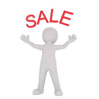A white figure holding up two hands and the word " sale ".