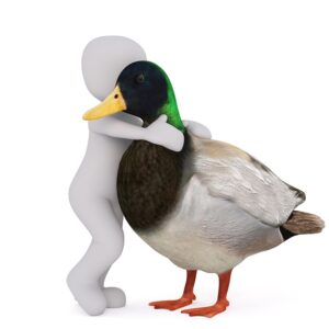A duck with its head stuck in the back of a person.